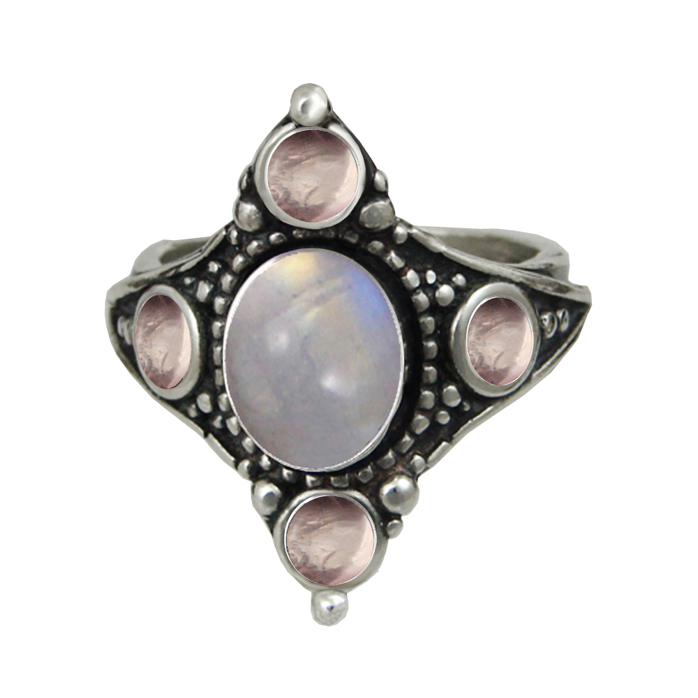 Sterling Silver Renaissance Queen's Ring With Rainbow Moonstone And Rose Quartz Size 9